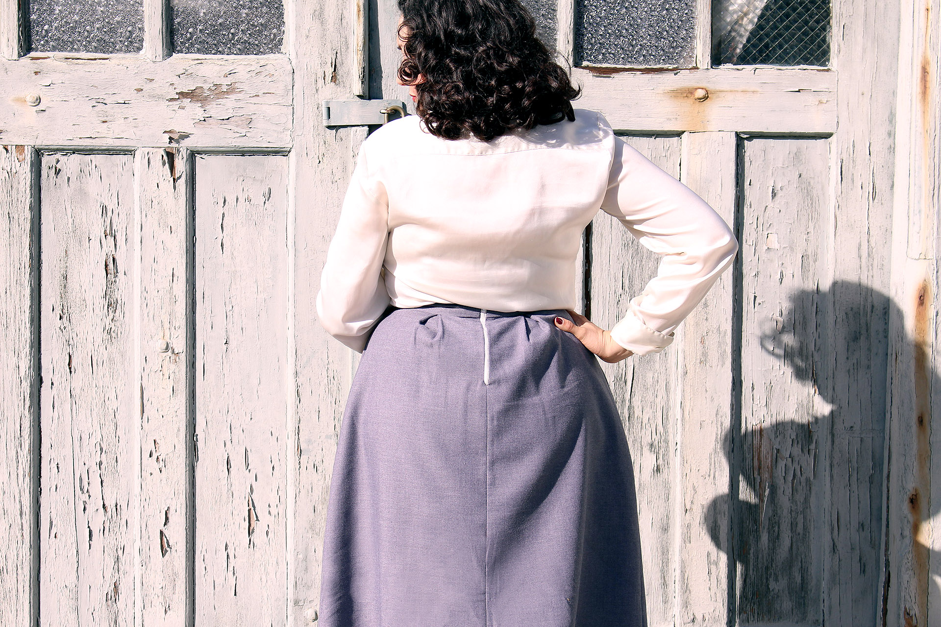 Back view with exposed zipper, The Billie Collection by The Fold Line made in grey wool | Vintage on Tap