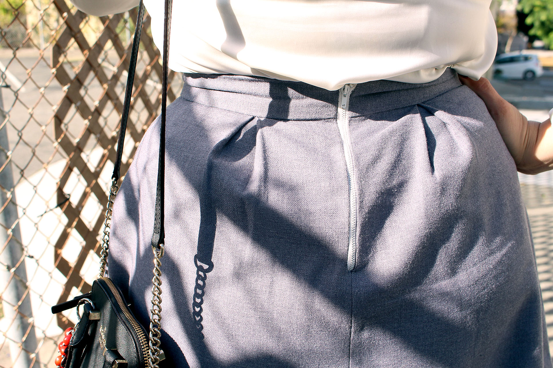 Exposed zipper detail, The Billie Collection by The Fold Line made in grey wool | Vintage on Tap