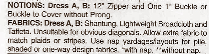 Scan of a sewing pattern envelope. Text displays the recommended notions and fabrics for a garment.