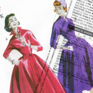 Sewing Pattern Envelope scan of a dress from 1955 with two collar options. Envelope back scan is overlaid on the top.