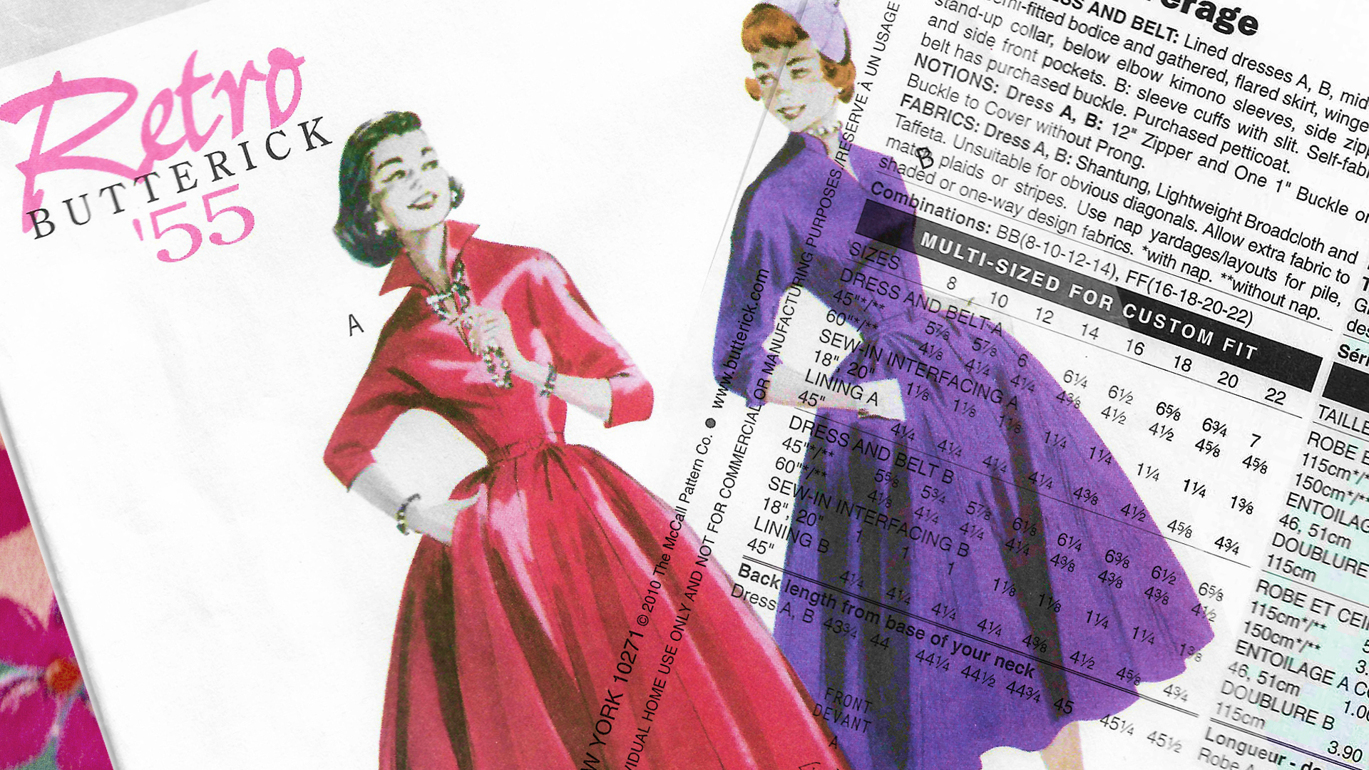 Sewing Pattern Envelope scan of a dress from 1955 with two collar options. Envelope back scan is overlaid on the top.