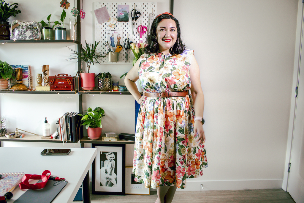 Bianca wearing a completed Charm Patterns Cinch It Dress, a popover dress.