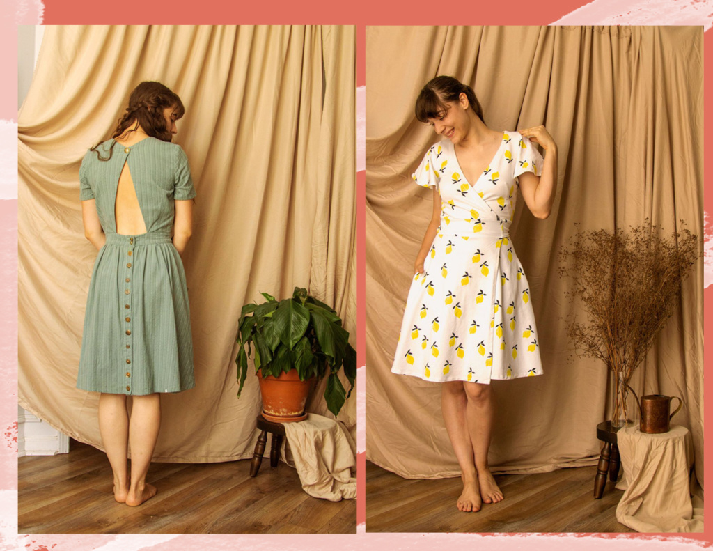 Two dresses side by side, one with an open back and buttons down the back of the skirt, the other as a wrap top, both pdf pattern designs by Untitled Thoughts