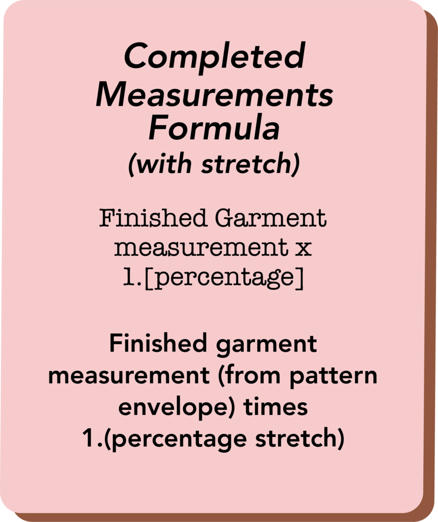 Graphic describing the formula for completed garment measurement with stretch. Finished garment times 1.(percentage of stretch)